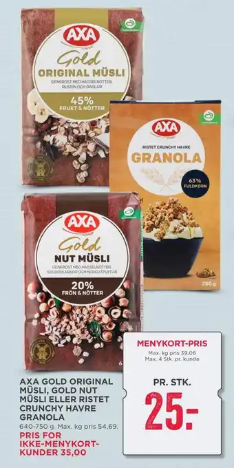 MENY Axa gold original müsli, gold nut müsli eller ristet crunchy havre granola tilbud