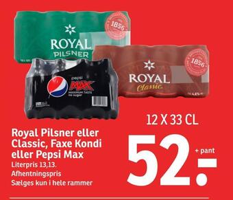 SPAR Royal pilsner eller classic, faxe kondi eller pepsi max tilbud