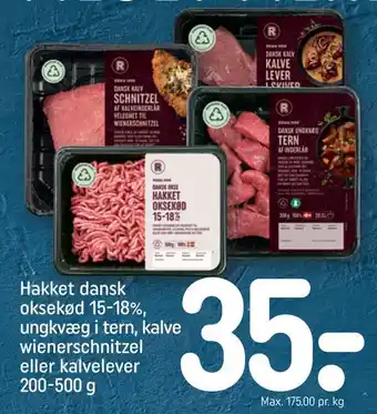 Hakket dansk oksekød 15-18%, ungkvæg i tern, kalve wienerschnitzel eller kalvelever