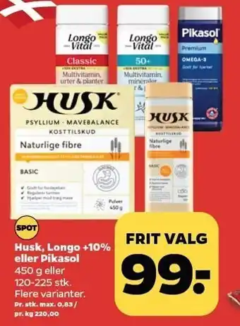 Netto Husk, longo + 10 % el. pikasol tilbud