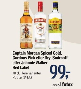 Føtex Captain morgan spiced gold, gordons pink eller dry, smirnoff eller johnnie walker red label tilbud