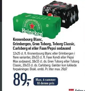 Føtex Kronenbourg blanc, grimbergen, grøn tuborg, tuborg classic, carlsberg øl eller faxe/pepsi sodavand tilbud