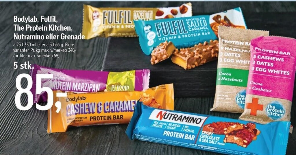 Bodylab, fulfil, the protein kitchen, nutramino eller grenade tilbud