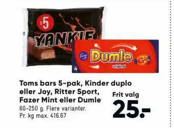 Bilka Toms Bars 5-pak, Kinder Duplo eller Joy, Ritter Sport,Fazer Mint eller Dumle tilbud