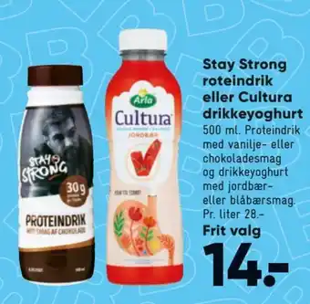 Bilka Stay Strong Roteindrik eller Cultura Drikkeyoghurt tilbud