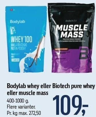 Føtex Bodylab whey eller biotech pure whey eller muscle mass tilbud