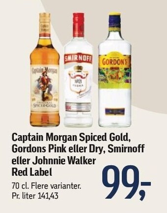 Føtex Captain morgan spiced gold, gordons pink eller dry, smirnoff eller johnnie walker red label tilbud