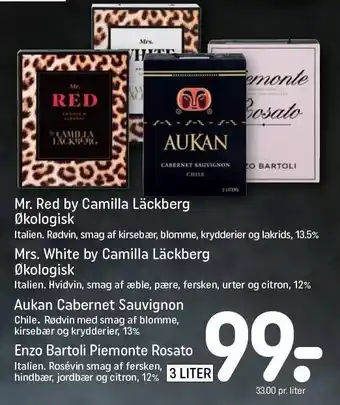 REMA 1000 Mr. red el. mrs. white by camilla läckberg, aukan cabernet sauvignon el. enzo bartoli piemonte rosato tilbud