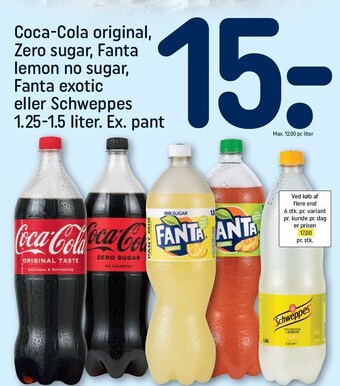 REMA 1000 Coca-cola original, zero sugar, fanta lemon no sugar, fanta exotic eller schweppes tilbud