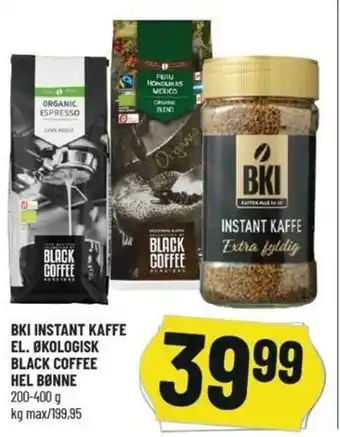 BKI Instant Kaffe El. Økologisk Black Coffee Hel Bønne 200-400g