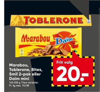 Bilka Marabou, toblerone, bites, smil 2-pak eller daim mini tilbud