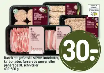 REMA 1000 Dansk stegeflæsk i skiver, koteletter, karbonader, farserede porrer eller panerede xl schnitzler tilbud
