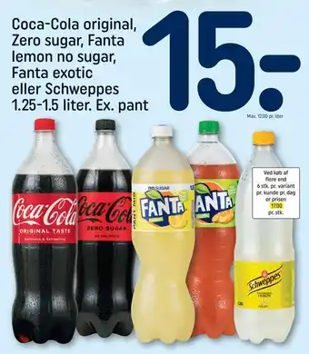 REMA 1000 Coca-cola original, zero sugar, fanta lemon no sugar, fanta exotic eller schweppes tilbud