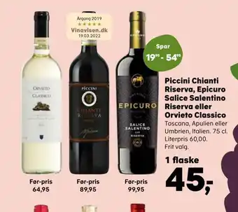 SuperBrugsen Piccini chianti riserva, epicuro salice salentino riserva eller orvieto classico tilbud