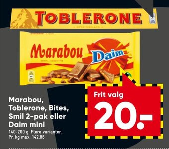 Bilka Marabou Toblerone, Bites, Smil 2-pak eller Daim Mini tilbud