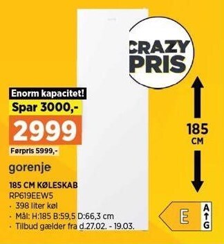 Power Gorenje 185 cm køleskab tilbud