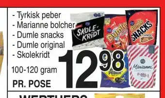 ABC Lavpris Tyrkisk peber - Marianne bolcher - Dumle snacks - Dumle original - Skolekridt tilbud