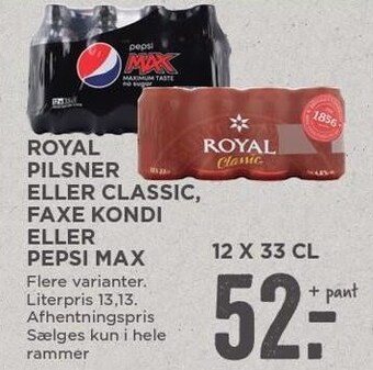 MENY Royal pilsner eller classic, faxe kondi eller pepsi max tilbud