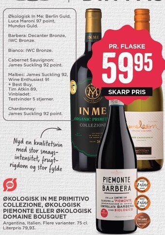 MENY Økologisk in me primitivo collezione, økologisk piemonte eller økologisk domaine bousquet tilbud