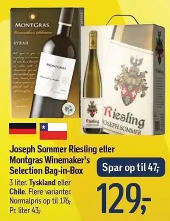 Føtex Joseph sommer riesling eller montgras winemaker's selection bag-in-box tilbud
