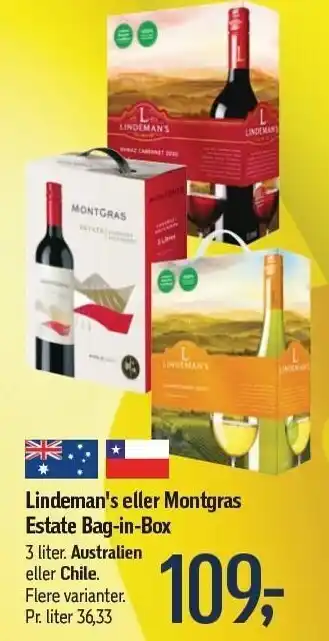 Føtex Lindeman's eller montgras estate bag-in-box tilbud