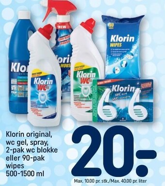REMA 1000 Klorin original, wc gel, spray, 2-pak wc blokke eller 90-pak wipes tilbud