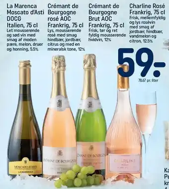 REMA 1000 La marenca mocato d'asti, crémant de bourgogne rosé el. brut el. charline rosé tilbud