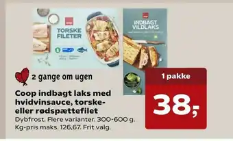 Kvickly Coop indbagt laks med hvidvinsauce, torske eller rødspættefilet tilbud