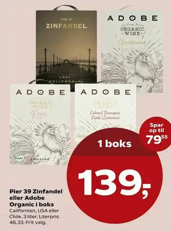 Kvickly Pier 39 Zinfandel eller Adobe Organic i boks tilbud