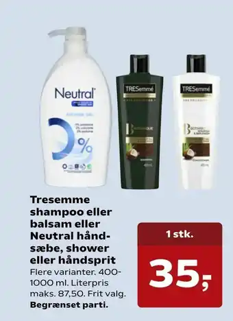 Kvickly Tresemme shampoo eller balsam eller Neutral håndsæbe, shower eller håndsprit tilbud