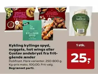 Kvickly Kykling kyllinge spyd, nuggets, hot wings eller Gustav andebryst fra frit gående ænder tilbud