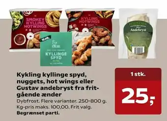 SuperBrugsen Kykling kyllinge spyd, nuggets, hot wings eller Gustav andebryst fra frit gående ænder tilbud