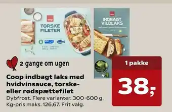 SuperBrugsen Coop indbagt laks med hvidvinsauce, torske eller rødspættefilet tilbud
