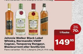 SuperBrugsen Johnnie Walker Black Label Whisky, Normandin VSOP Cognac, Tanqueray Rangpur, Blackcurrent eller Sevilla Gin tilbud