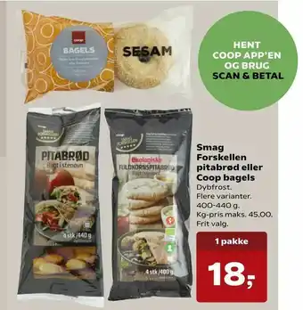 SuperBrugsen Smag Forskellen pitabrød eller Coop bagels tilbud