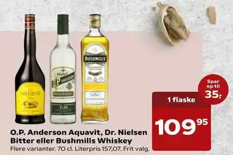 SuperBrugsen O.P. Anderson Aquavit, Dr. Nielsen Bitter eller Bushmills Whiskey tilbud