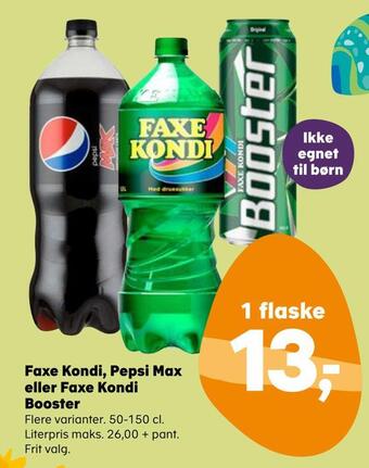 Kvickly Faxe kondi, pepsi max eller faxe kondi booster tilbud