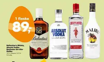 Ballantine's whisky, absolut vodka, beefeater gin eller malibu
