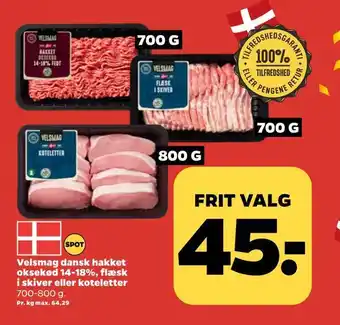 Netto Velsmag dansk hakket oksekød 14-18%, flæsk i skiver eller koteletter tilbud