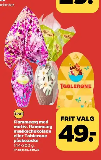 Netto Flammeæg med motiv, flammeæg mælkechokolade eller toblerone påskeæske tilbud