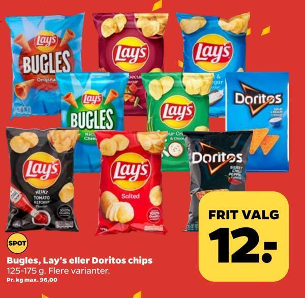 Bugles, lay's eller doritos chips tilbud hos Netto