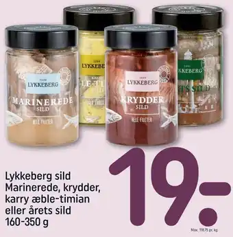 REMA 1000 Lykkeberg sild marinerede, krydder, karry æble-timian eller årets sild tilbud
