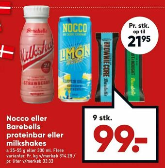 Nocco eller Barebells proteinbar eller milkshakes