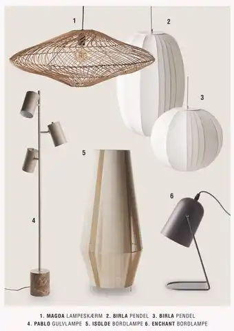 Ilva Magda lampeskærm, birla pendel, pablo gulvlampe, isolde bordlampe el. enchant bordlampe tilbud