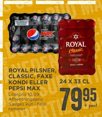 MENY Royal pilsner, classic, faxe kondi eller pepsi max tilbud