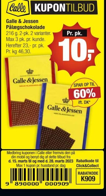 Calle Galle & Jessen Pålægschokolade tilbud