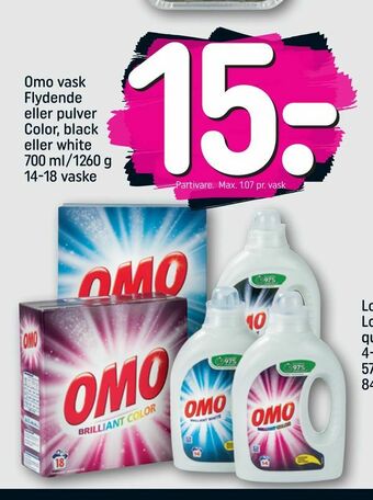 REMA 1000 Omo vask Flydende eller pulver Color, black eller white 700 ml/1260 g 14-18 vaske tilbud