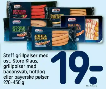 Steff grillpølser med ost, Store Klaus, grillpølser med baconsvøb, hotdog eller bayerske pølser
