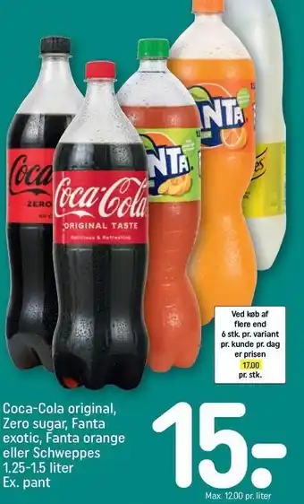 REMA 1000 Coca-cola original, zero sugar, fanta exotic, fanta orange eller schweppes tilbud