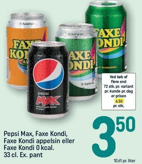 Rema 1000 Pepsi max, faxe kondi, faxe kondi appelsin eller faxe kondi 0 kcal. tilbud